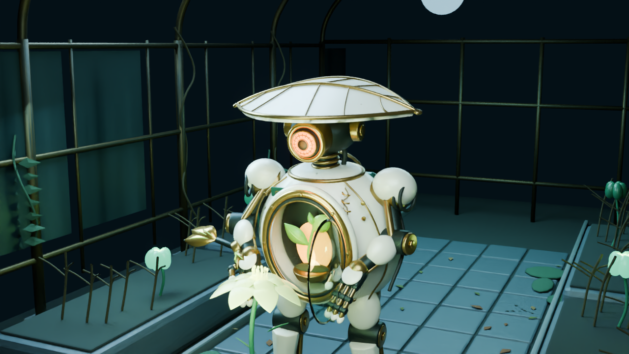 A white mechanical caretaker cradles a pale flower in a dark tiled conservatory